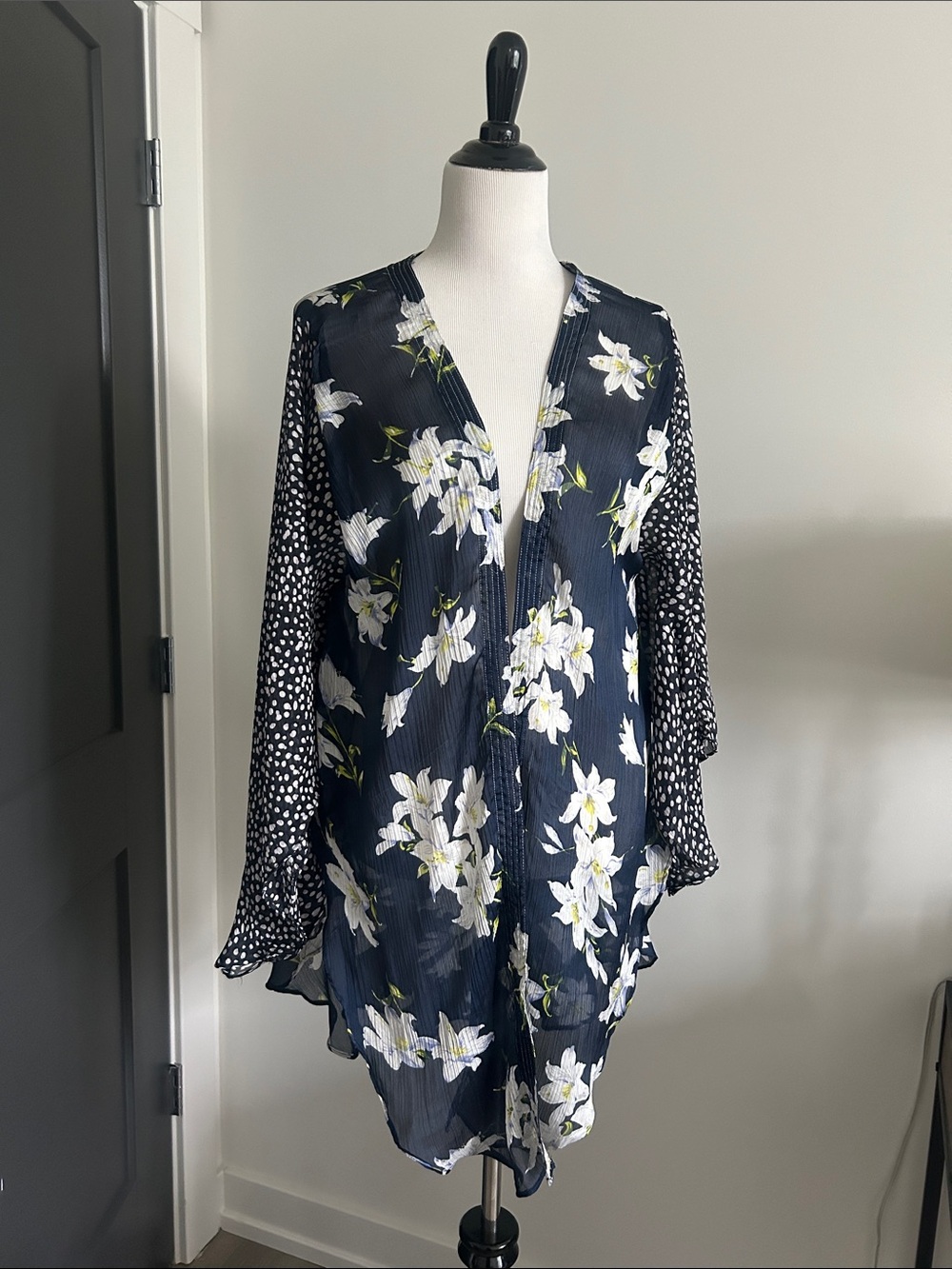 Navy one size fits most Floral Kimono Cardigan with Polka Dot Sleeves